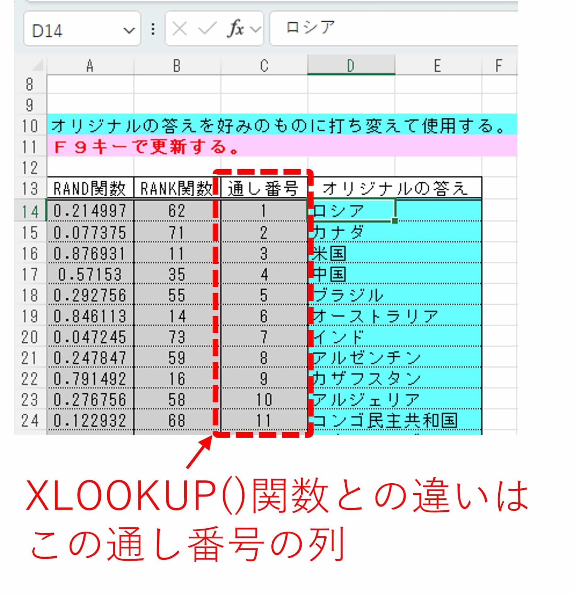 VLOOKUP()関数を用いてオリジナルビンゴカードを作成する際の、VLOOKUP()関数で参照するテーブルの作成例を図示