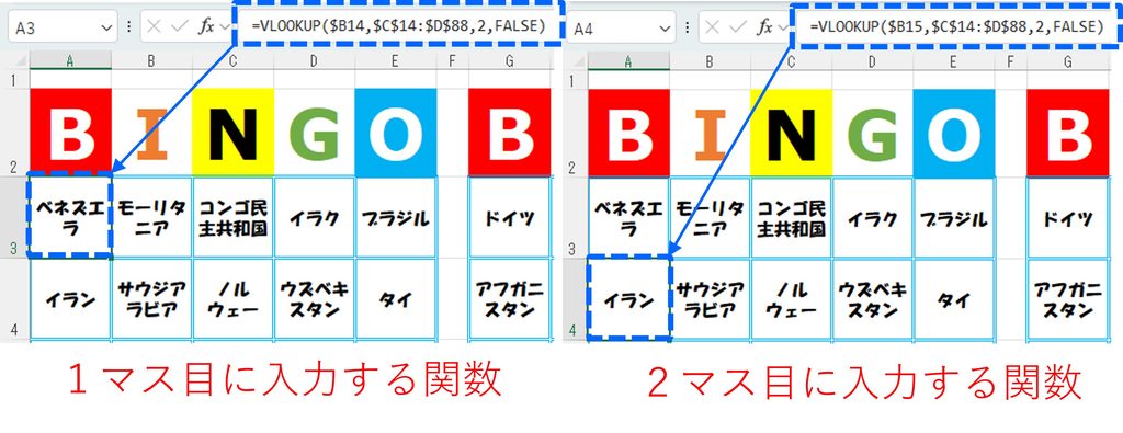 カードの各マスに、VLOOKUP()関数を用いて、オリジナルの答えを参照する方法を図解