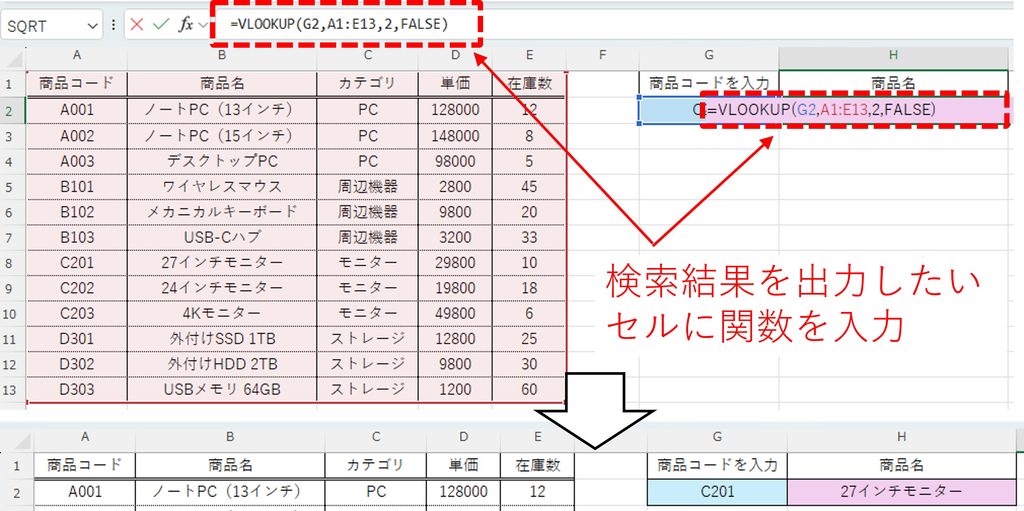 VLOOKUP関数の使用例を図解
